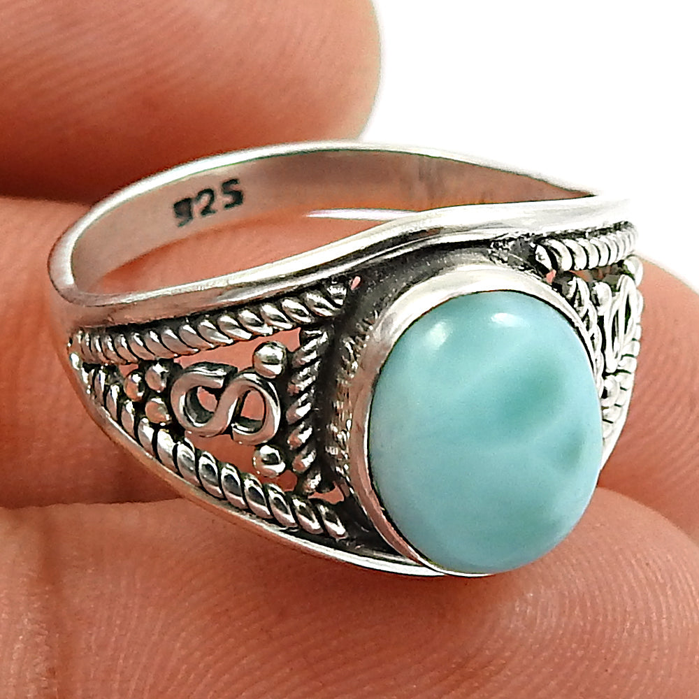 Natural Larimar Cocktail Ring 925 Sterling Silver Handmade Jewelry D7