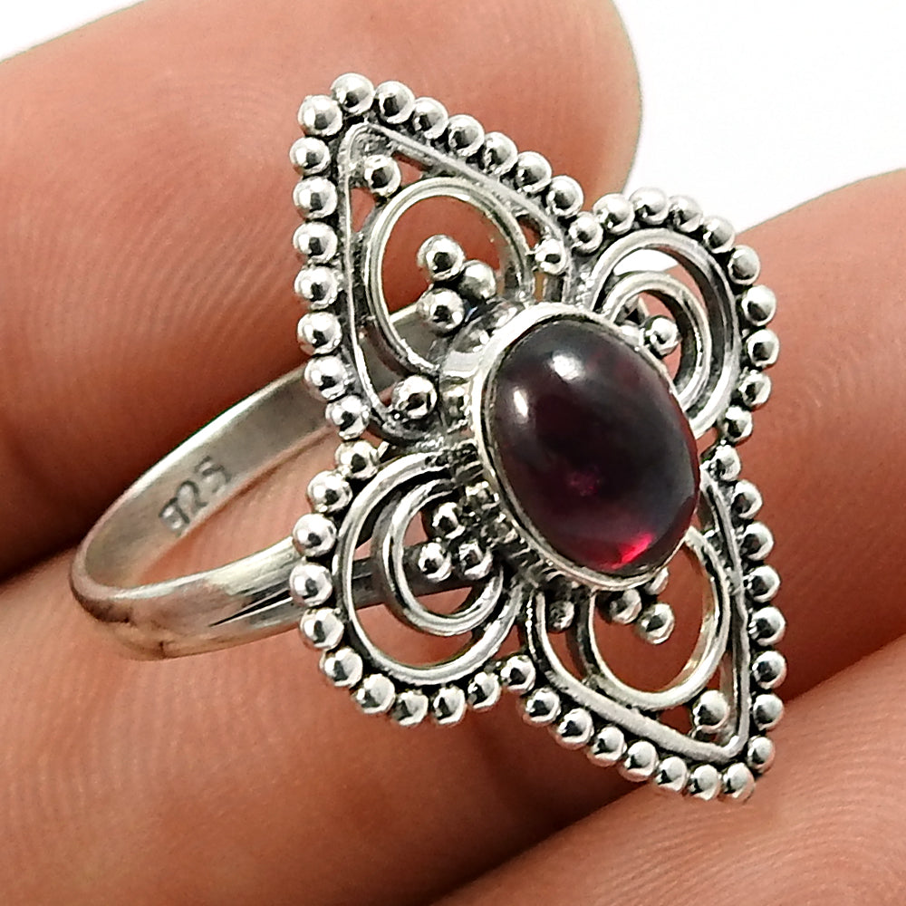 Natural Garnet Gemstone Solitaire Artisan Ring 925 Silver For Women U11