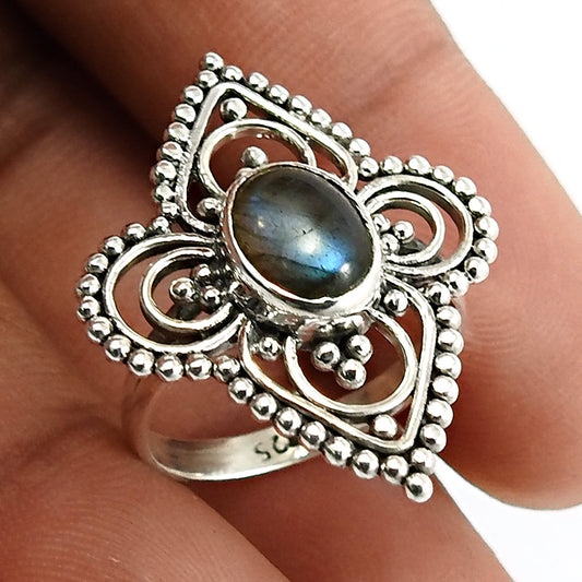 Natural Labradorite Solitaire Boho Ring 925 Silver For Girls L1