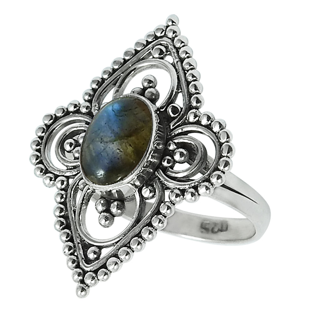 Natural Labradorite Solitaire Boho Ring 925 Silver For Girls L1