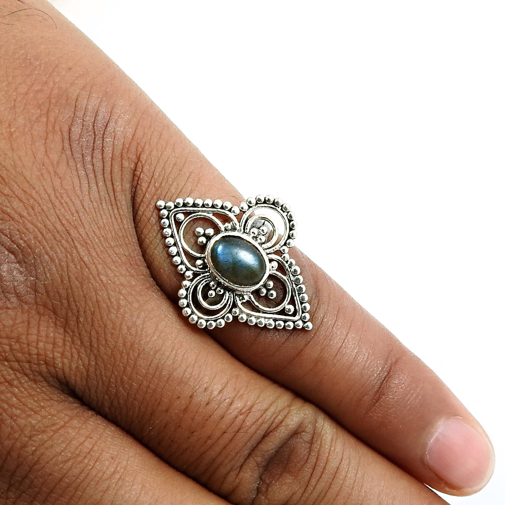Natural Labradorite Solitaire Boho Ring 925 Silver For Girls L1