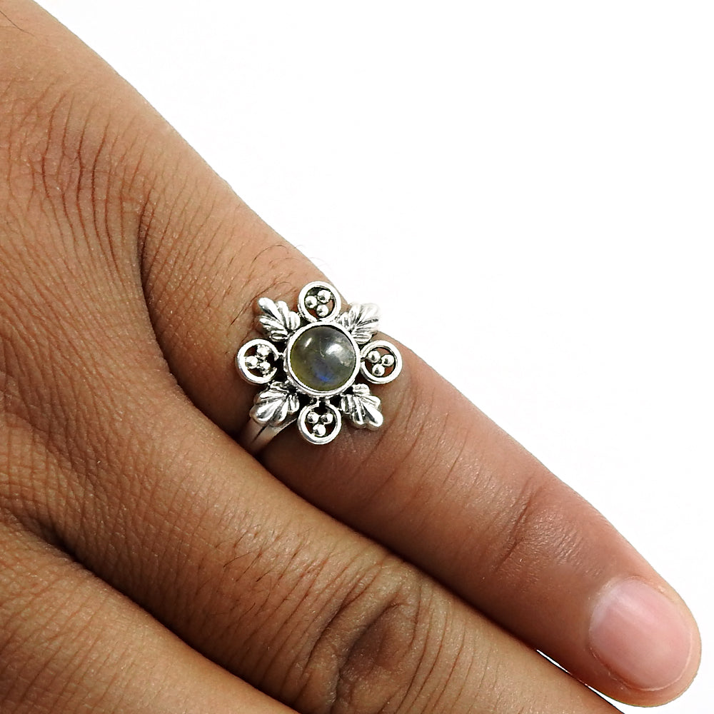 Gift For Woman Natural Labradorite Solitaire Trendy Ring 925 Silver N5