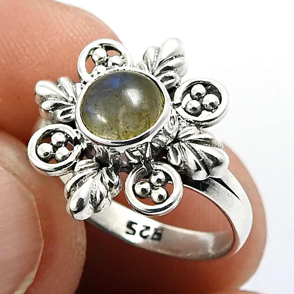 Gift For Woman Natural Labradorite Solitaire Trendy Ring 925 Silver N5