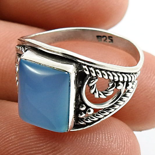 Natural Chalcedony Gemstone Solitaire Ethnic Ring 925 Sterling Silver E28