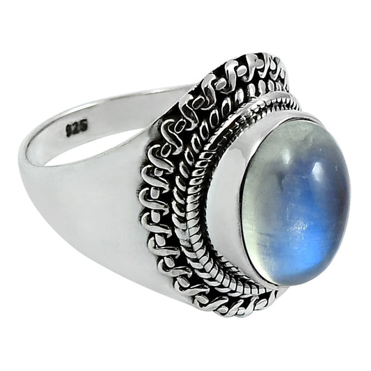 Natural Rainbow Moonstone Statement Ethnic Ring 925 Silver M1