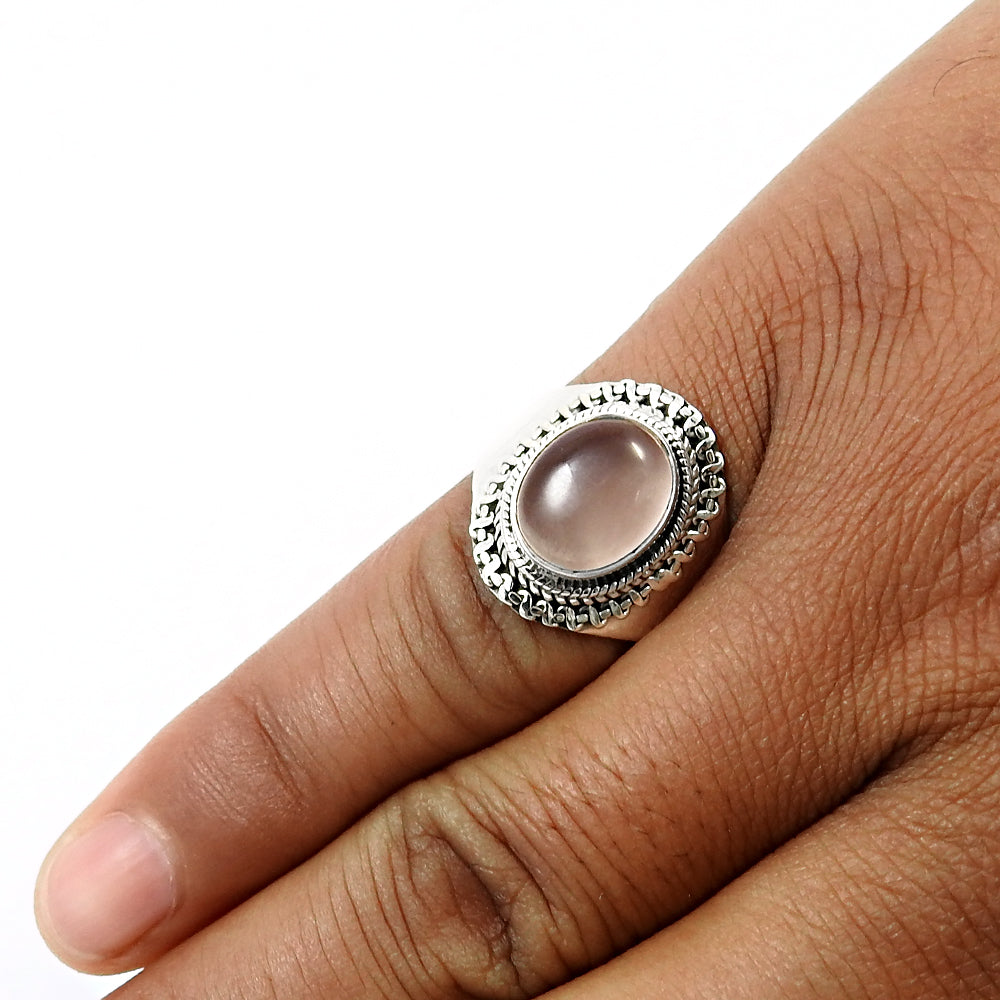 Natural Rose Quartz Gemstone Solitaire Ring 925 Sterling Silver S20