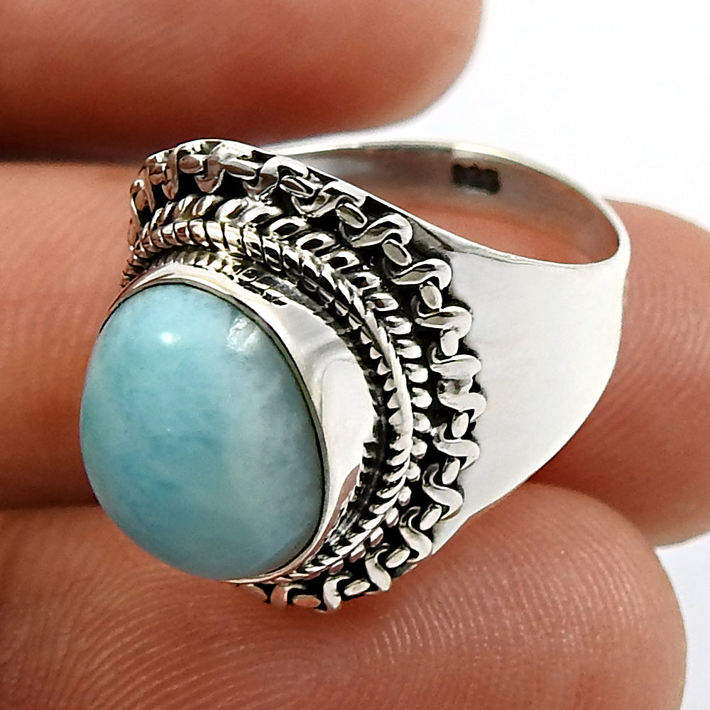 Gift For Woman Natural Larimar Cocktail Boho Ring 925 Silver H18
