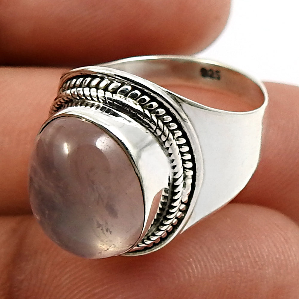 Natural Rose Quartz Solitaire Bohemian Ring 925 Silver For Women B20