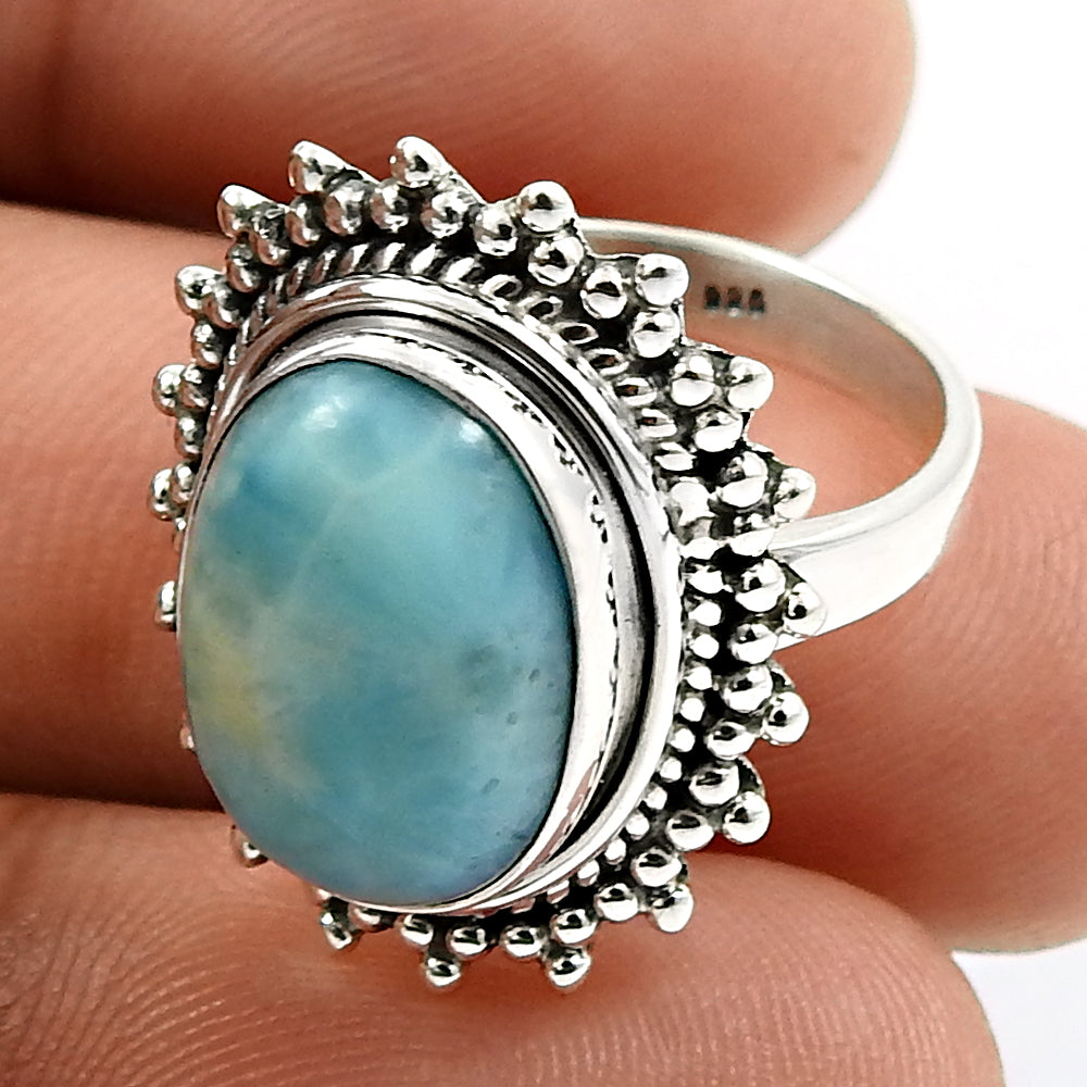Gift For Her Natural Larimar Cocktail Ring 925 Sterling Silver R21