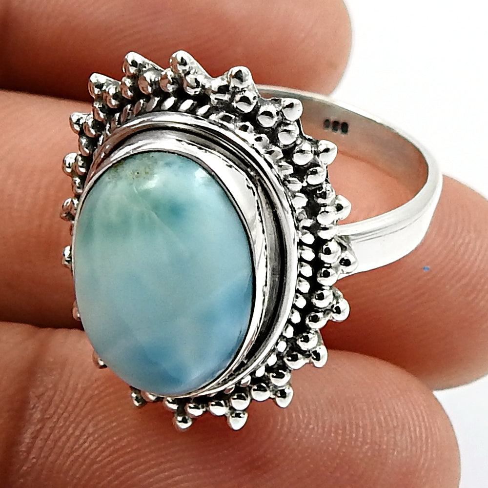 Gift For Her Natural Larimar Cocktail Ring 925 Sterling Silver R21