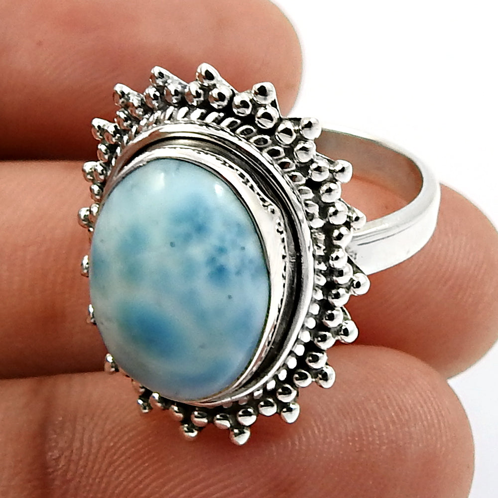 Gift For Her Natural Larimar Cocktail Ring 925 Sterling Silver R21