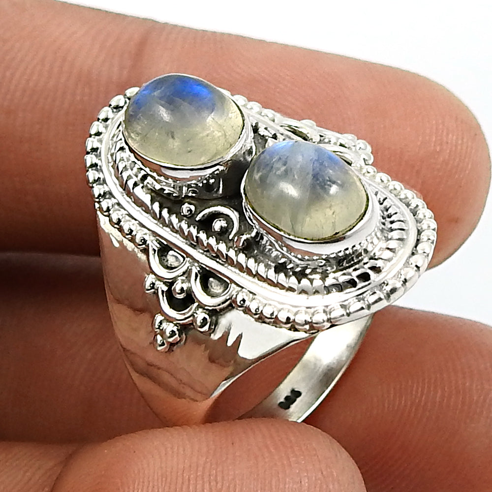 Natural Rainbow Moonstone Gemstone Cocktail Ring 925 Sterling Silver U22