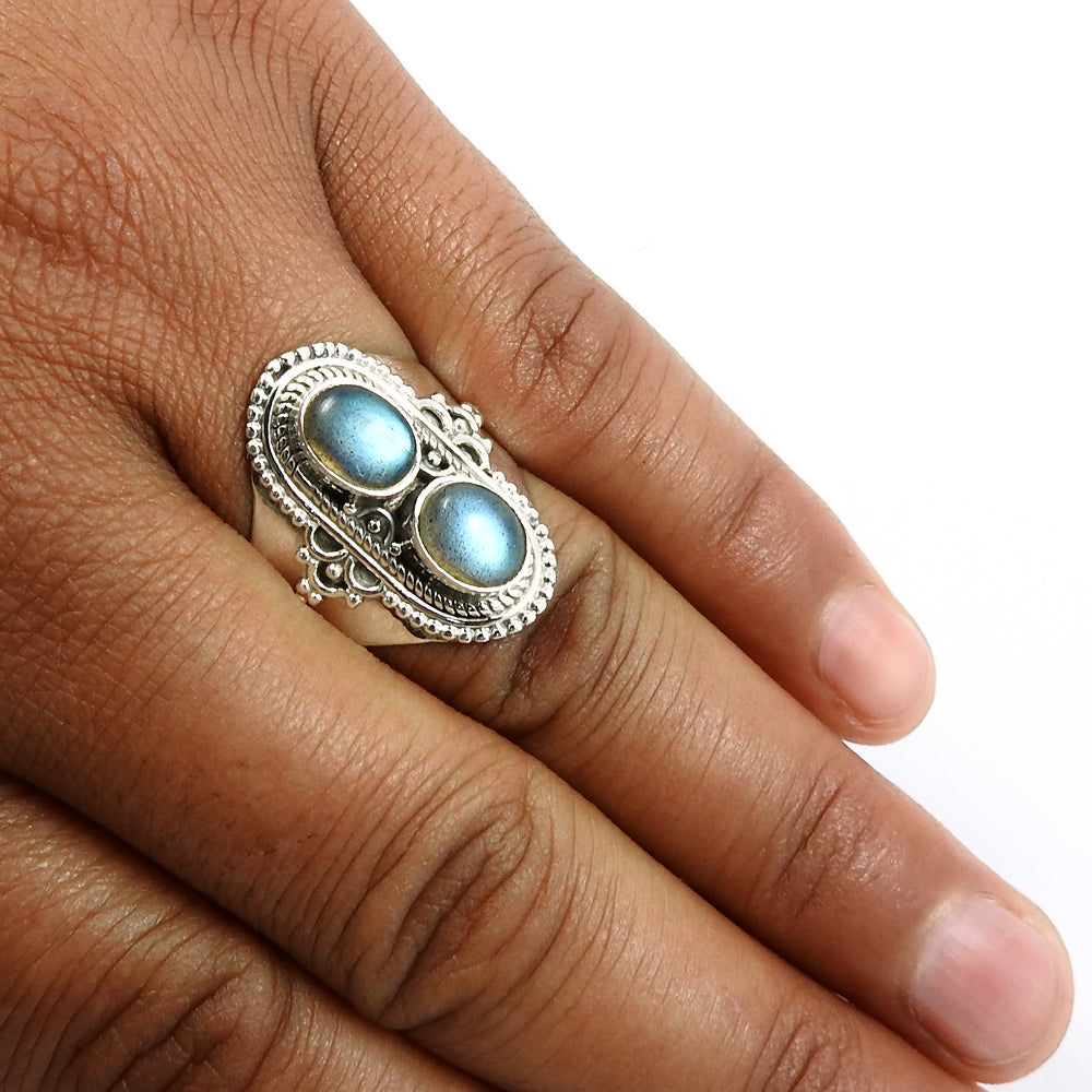 Gift For Woman Natural Labradorite Cocktail Ethnic Ring 925 Silver Q1