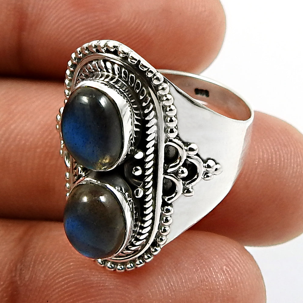 Gift For Woman Natural Labradorite Cocktail Ethnic Ring 925 Silver Q1