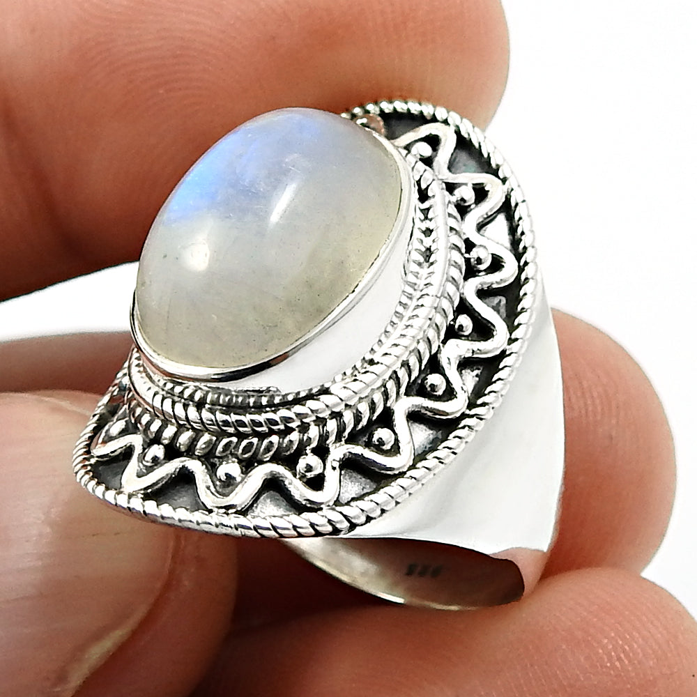 Natural Rainbow Moonstone Gemstone Solitaire Ring 925 Sterling Silver X22