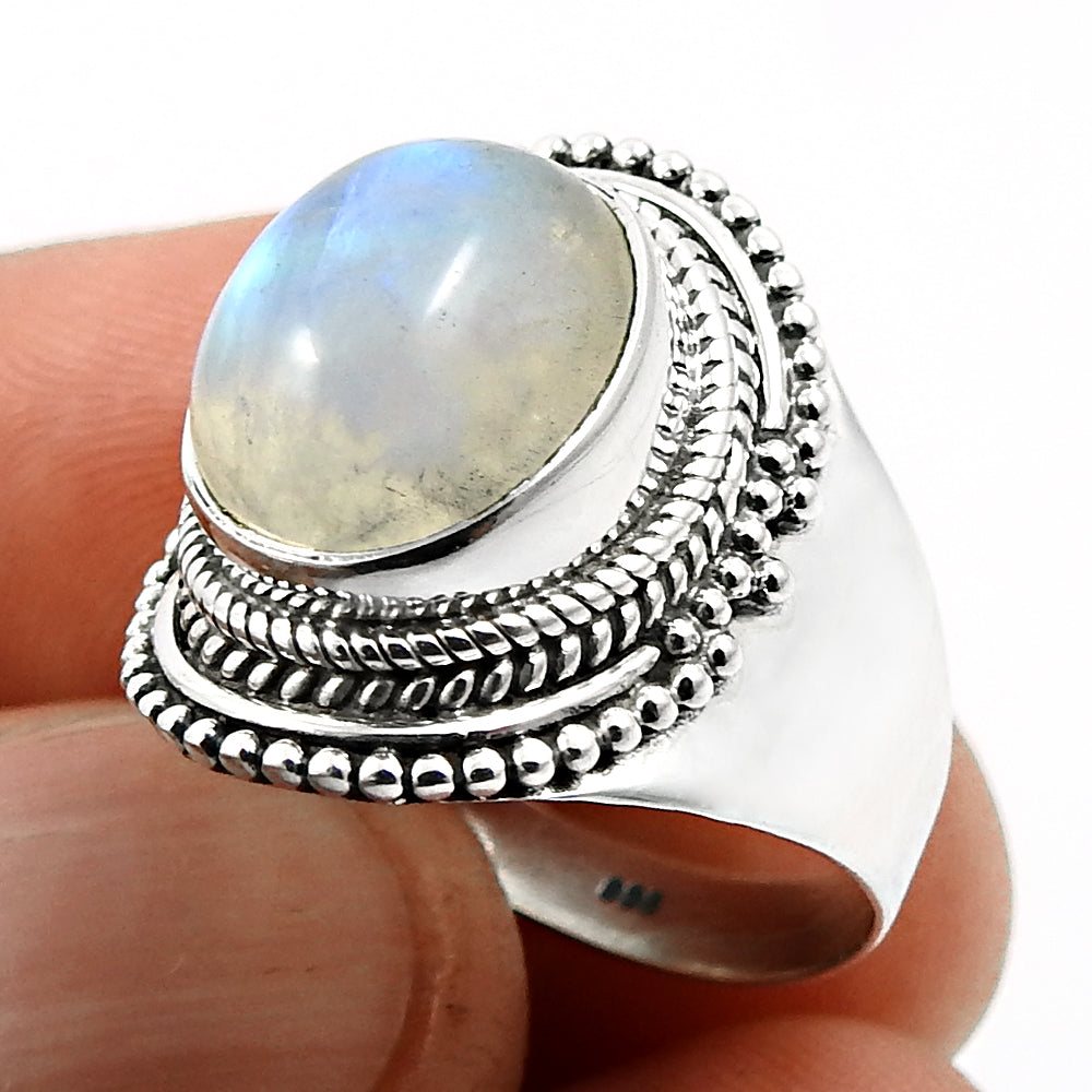 Gift For Her 925 Silver Natural Rainbow Moonstone Statement Ring T23