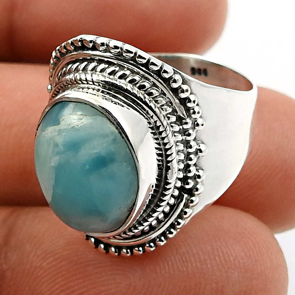 Gift For Women Natural Larimar Vintage 925 Silver Ring E23