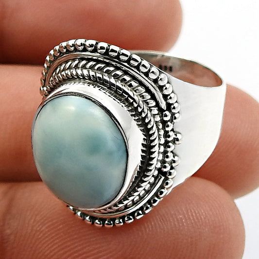 Gift For Women Natural Larimar Vintage 925 Silver Ring E23
