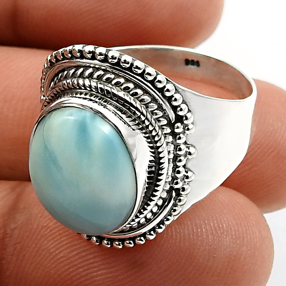 Gift For Women Natural Larimar Vintage 925 Silver Ring E23