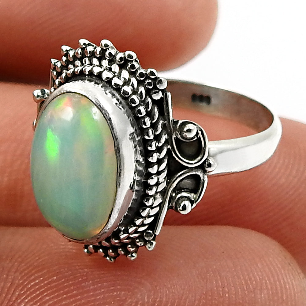 Solid 925 Sterling Silver Natural Opal Gemstone Ring Size 6