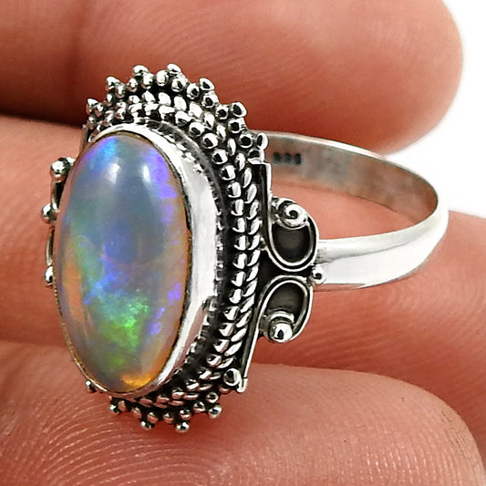 Real 925 Sterling Silver Natural Opal Gemstone Ring Size 9