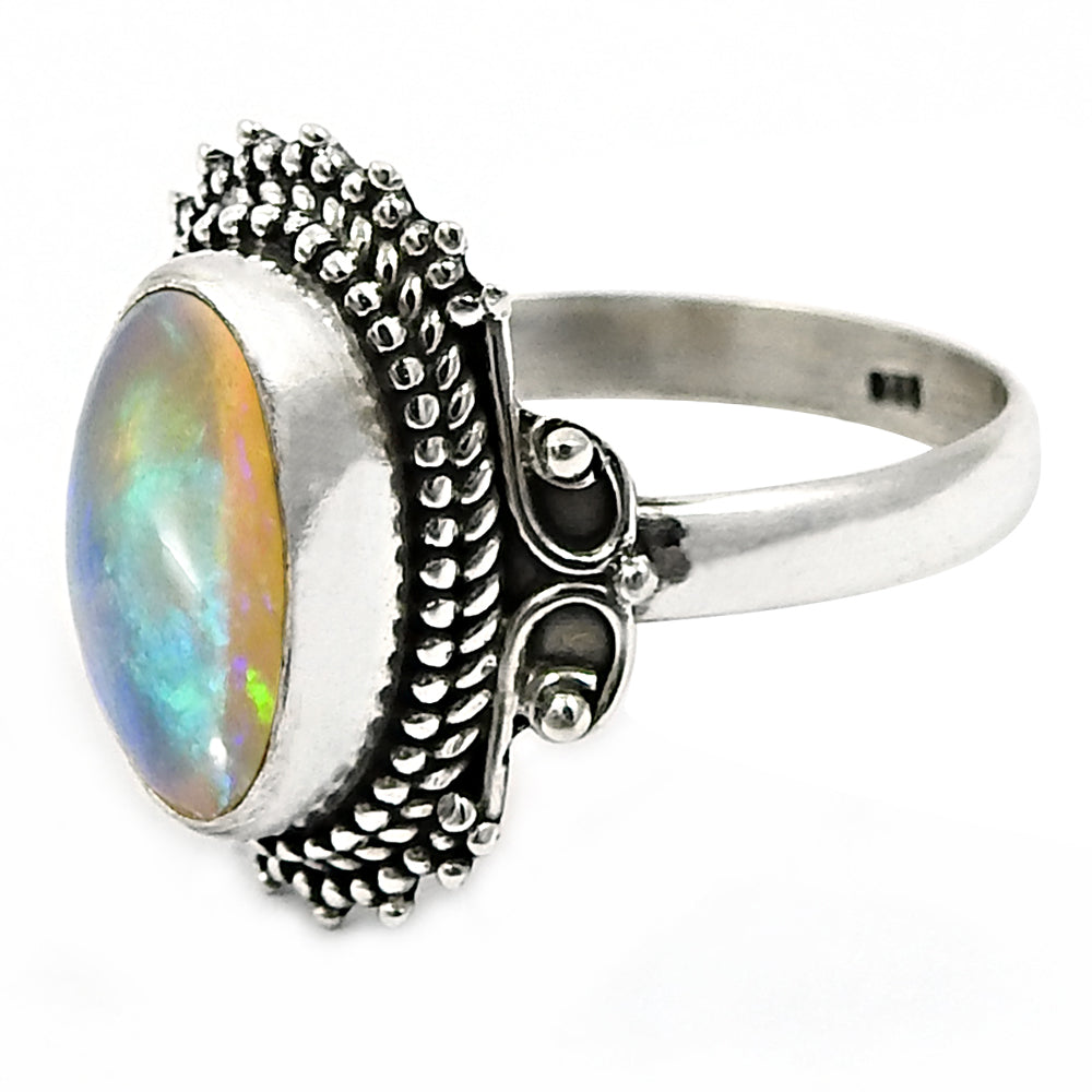 Real 925 Sterling Silver Natural Opal Gemstone Ring Size 9
