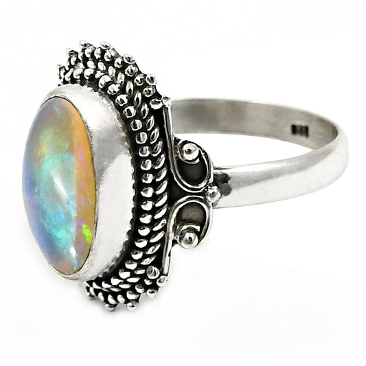 Real 925 Sterling Silver Natural Opal Gemstone Ring Size 9