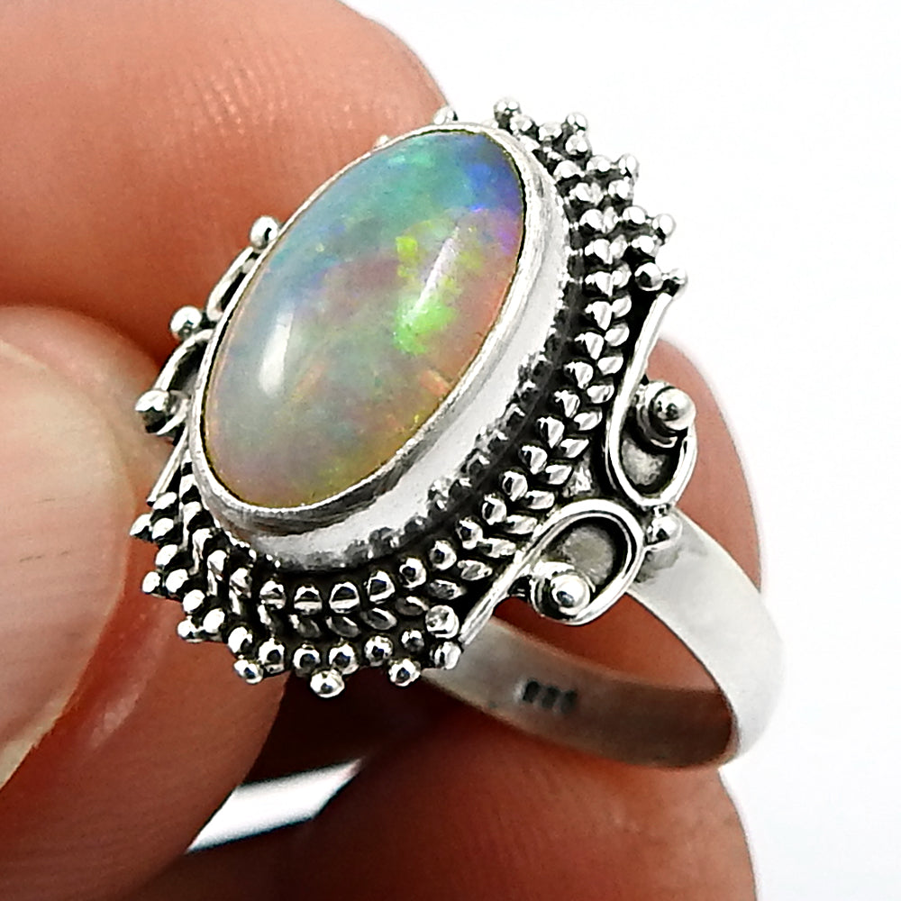 925 Sterling Silver Natural Opal Gemstone Handmade Ring Size 7