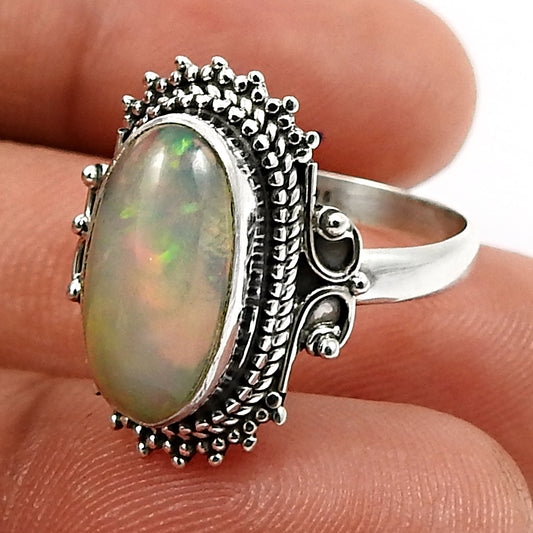 Solid 925 Sterling Silver Natural Opal Gemstone Ring Size 8