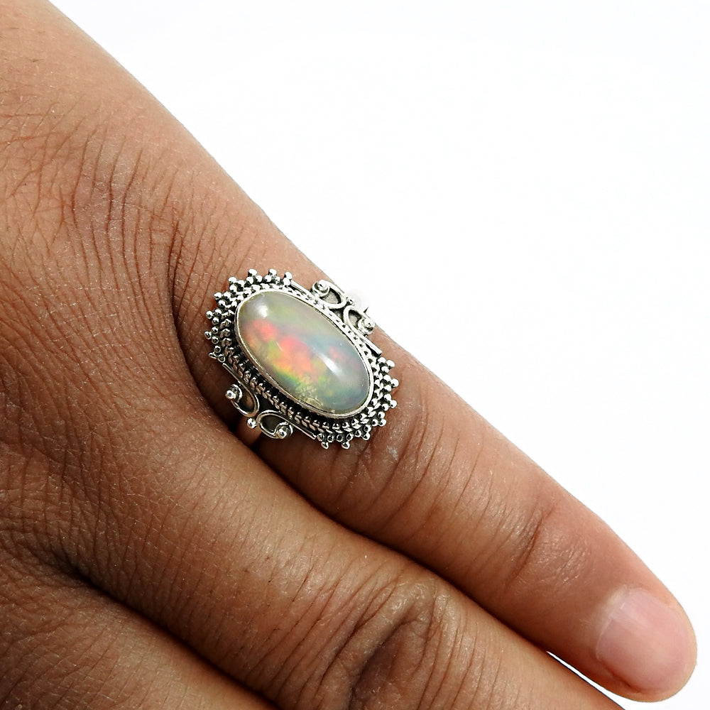 Solid 925 Sterling Silver Natural Opal Gemstone Ring Size 8