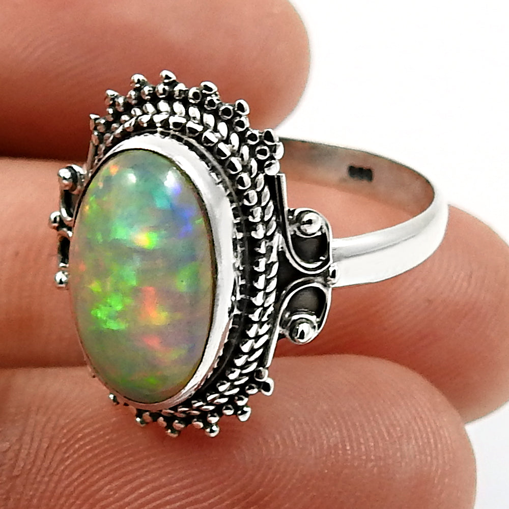 925 Sterling Silver Natural Opal Gemstone Ethnic Ring Size 9