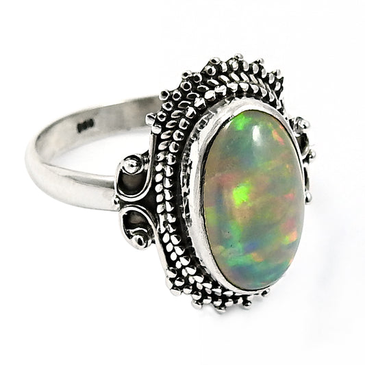 925 Sterling Silver Natural Opal Gemstone Ethnic Ring Size 9