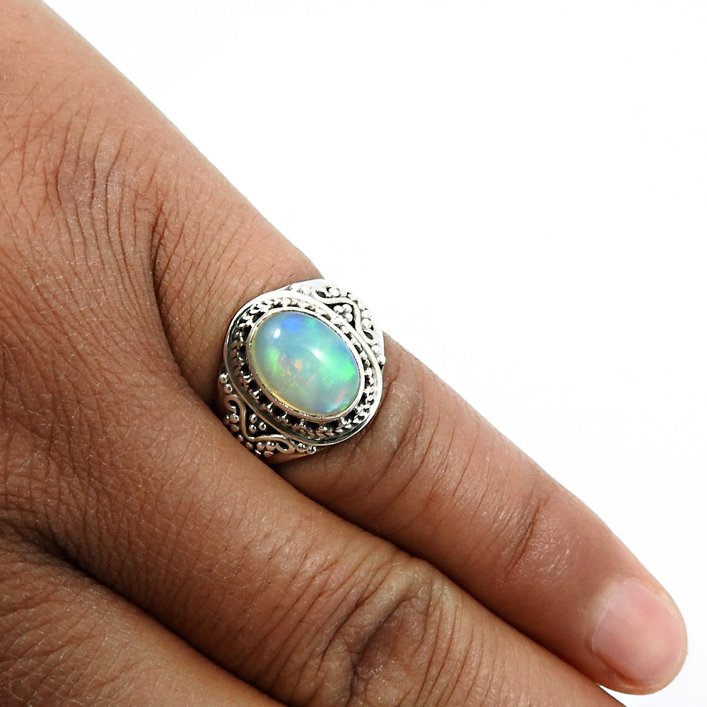 Real 925 Sterling Silver Natural Opal Gemstone Ring Size 6