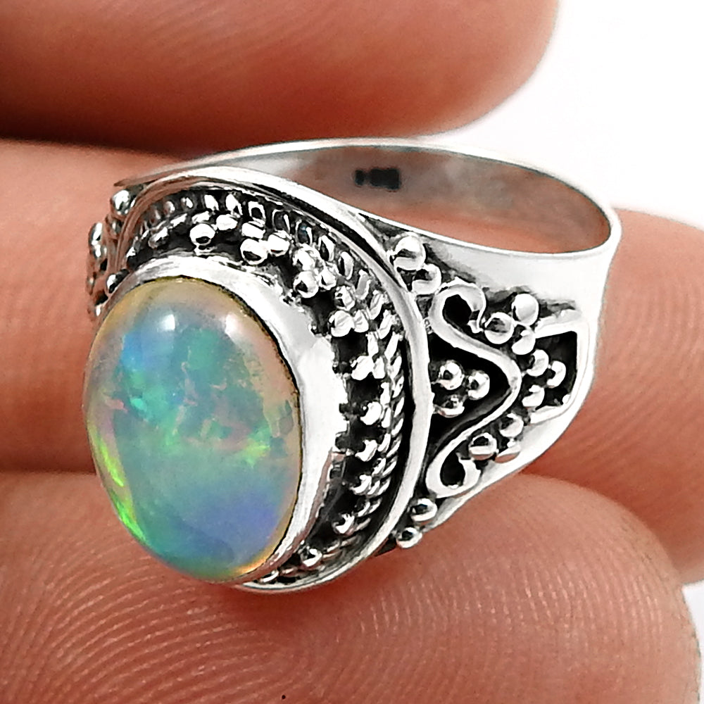 Real 925 Sterling Silver Natural Opal Gemstone Ring Size 6