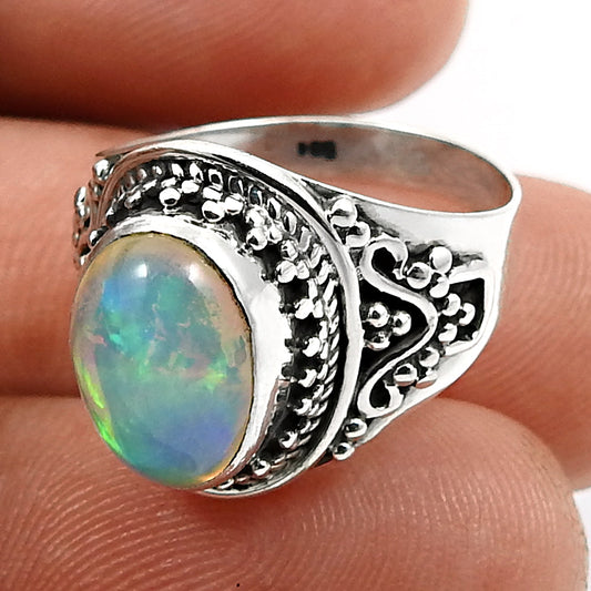 Real 925 Sterling Silver Natural Opal Gemstone Ring Size 6
