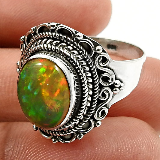 925 Sterling Silver Natural Opal Gemstone Trendy Ring Size 9