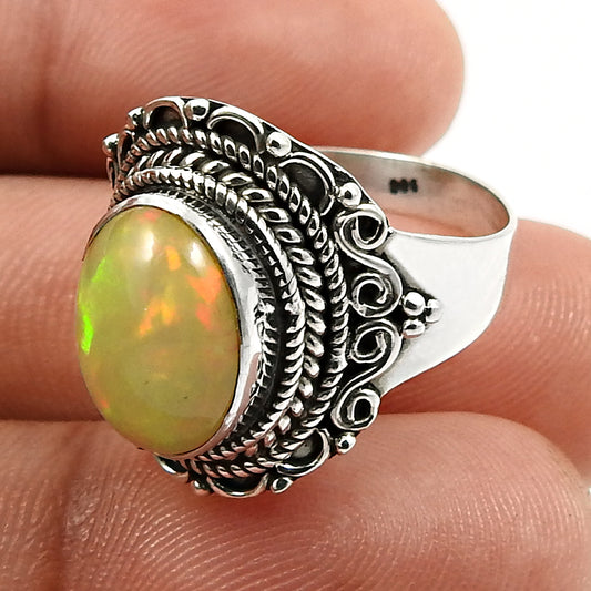Solid 925 Sterling Silver Natural Opal Gemstone Ethnic Ring Size 8