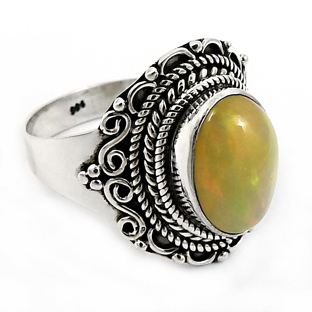 Solid 925 Sterling Silver Natural Opal Gemstone Ethnic Ring Size 8