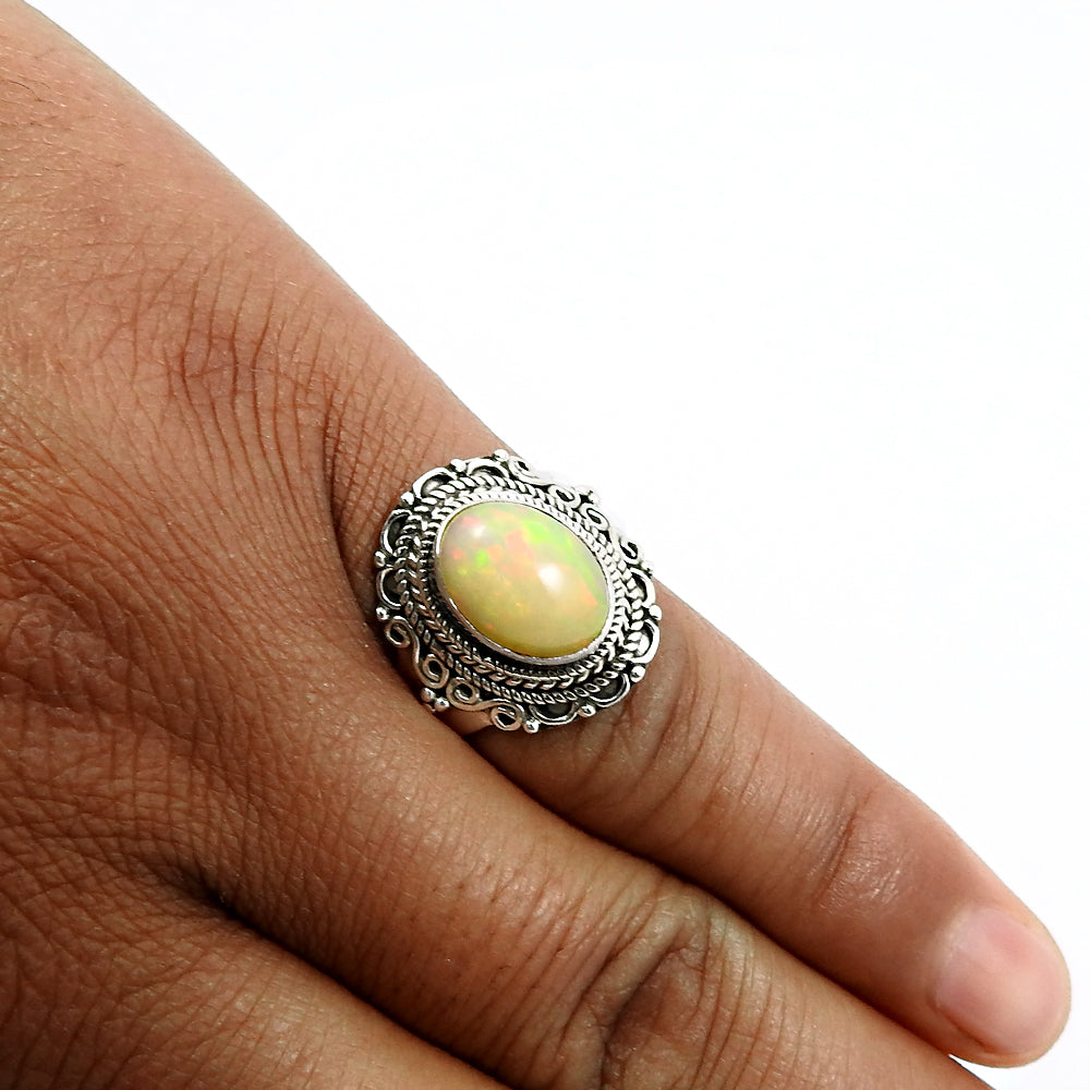 Solid 925 Sterling Silver Natural Opal Gemstone Ethnic Ring Size 8