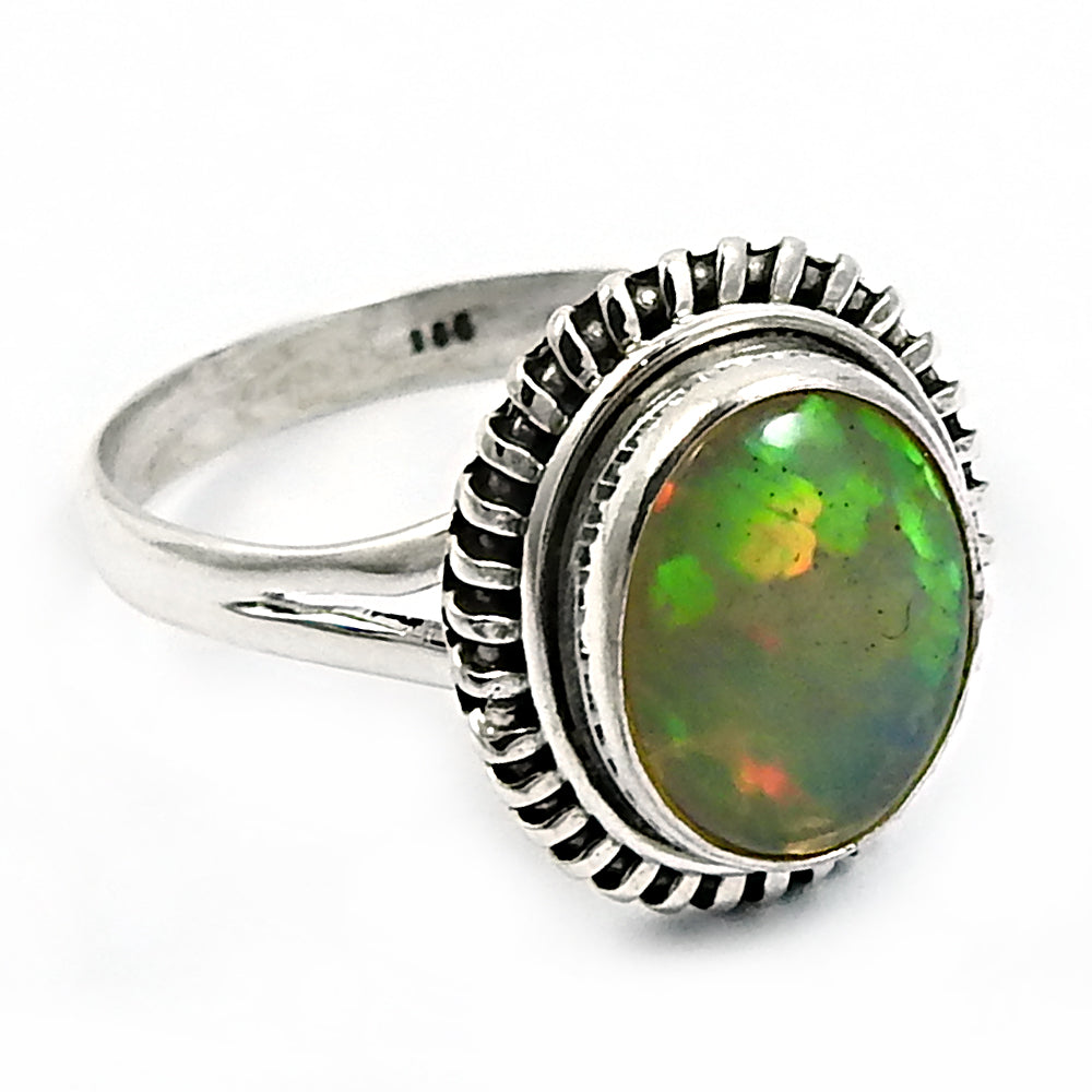 Solid 925 Sterling Silver Natural Opal Gemstone Ethnic Ring Size 9