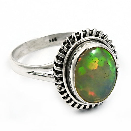 Solid 925 Sterling Silver Natural Opal Gemstone Ethnic Ring Size 9