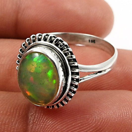 Solid 925 Sterling Silver Natural Opal Gemstone Ethnic Ring Size 9