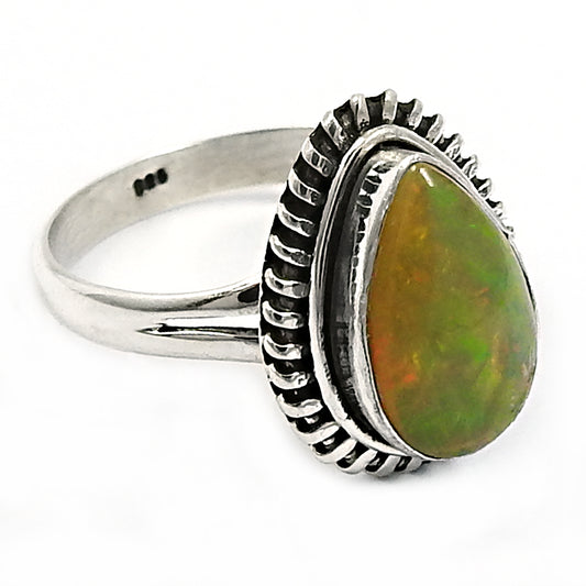 Solid 925 Sterling Silver Natural Opal Gemstone Ethnic Ring Size 7