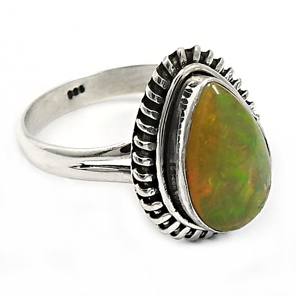 Solid 925 Sterling Silver Natural Opal Gemstone Ethnic Ring Size 7
