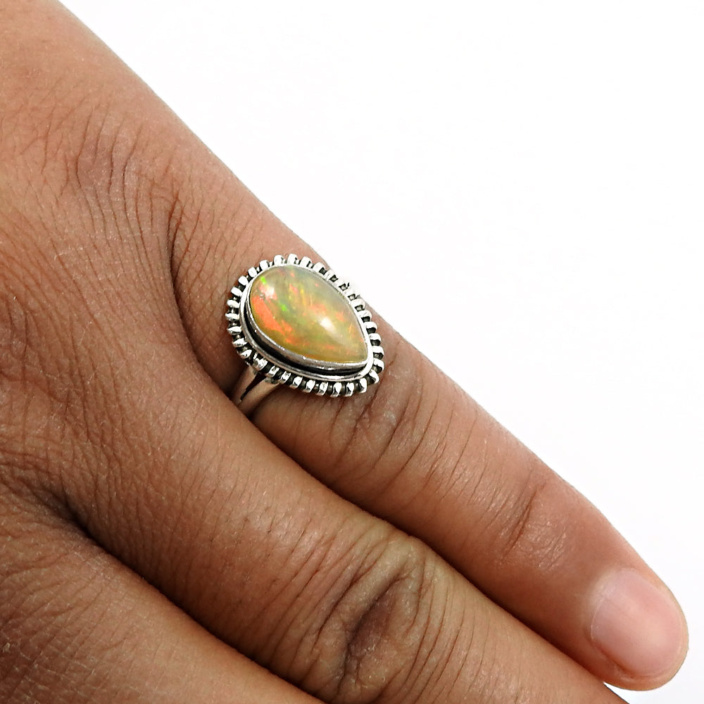 Solid 925 Sterling Silver Natural Opal Gemstone Ethnic Ring Size 7