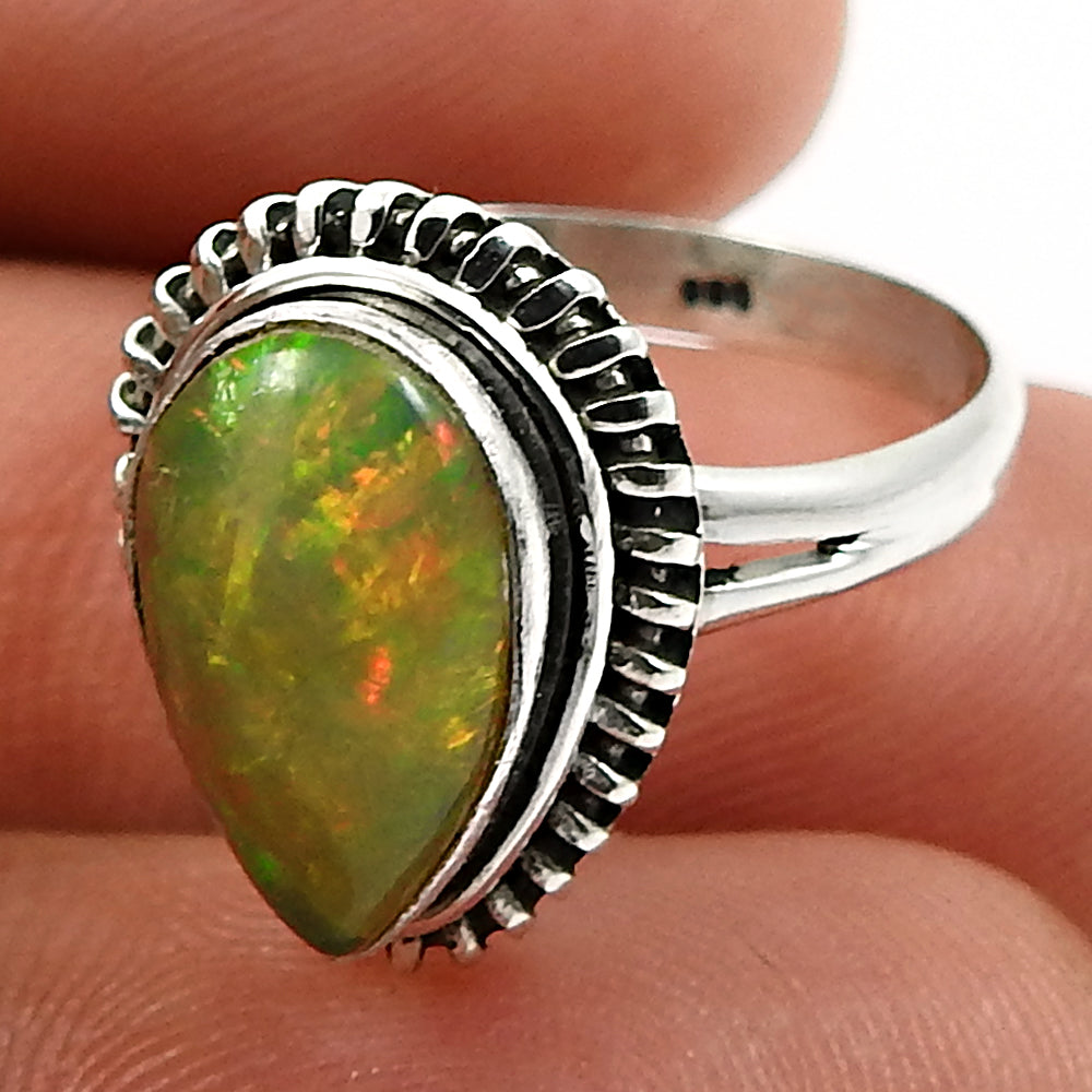 Solid 925 Sterling Silver Natural Opal Gemstone Ethnic Ring Size 7