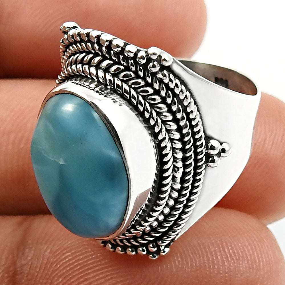 Natural Blue Ocean Larimar 925 Silver Luxury Cocktail Ring Gift For Her
