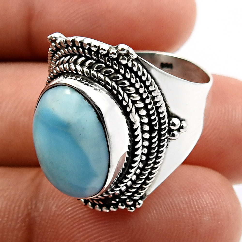 Natural Blue Ocean Larimar 925 Silver Luxury Cocktail Ring Gift For Her