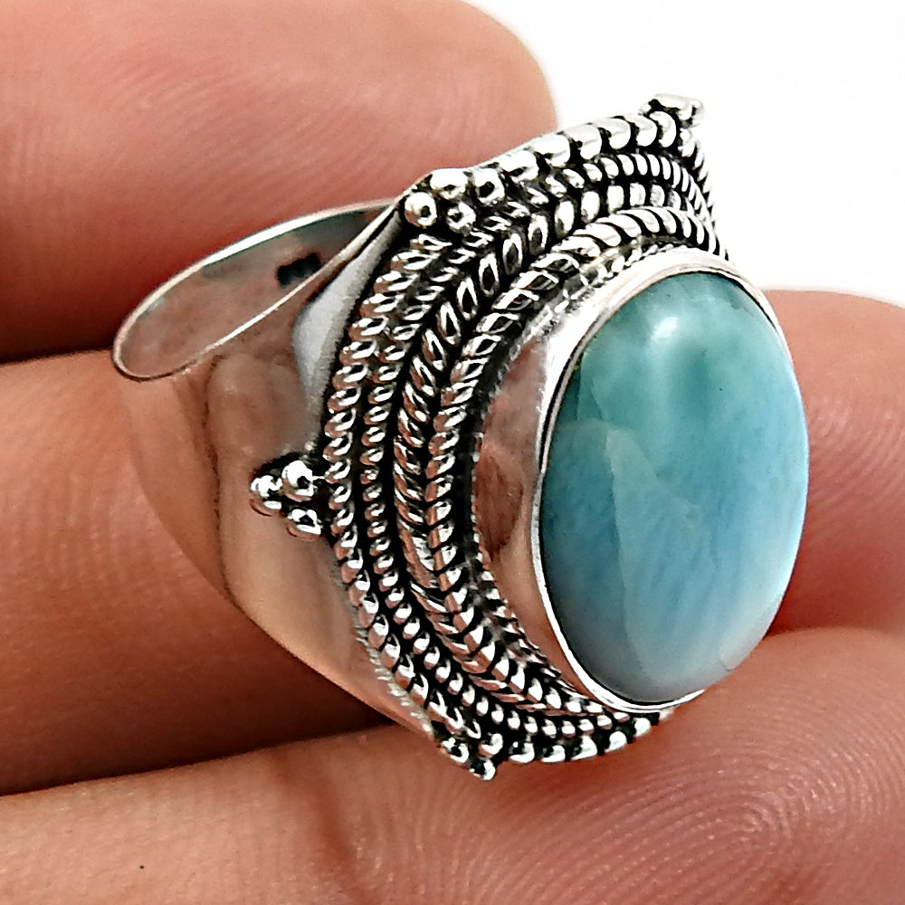 Natural Blue Ocean Larimar 925 Silver Luxury Cocktail Ring Gift For Her