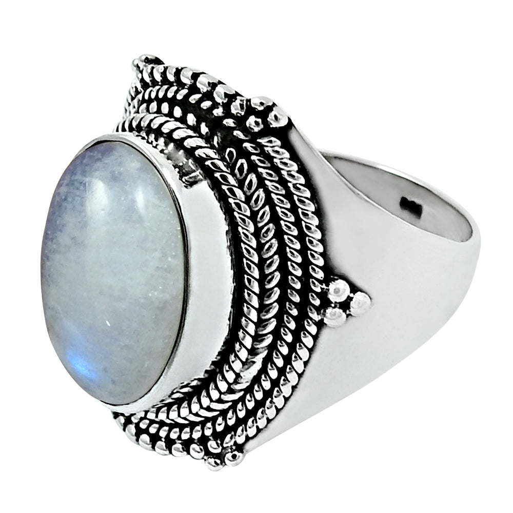 Cocktail Tribal Ring 925 Silver Natural Rainbow Moonstone U1